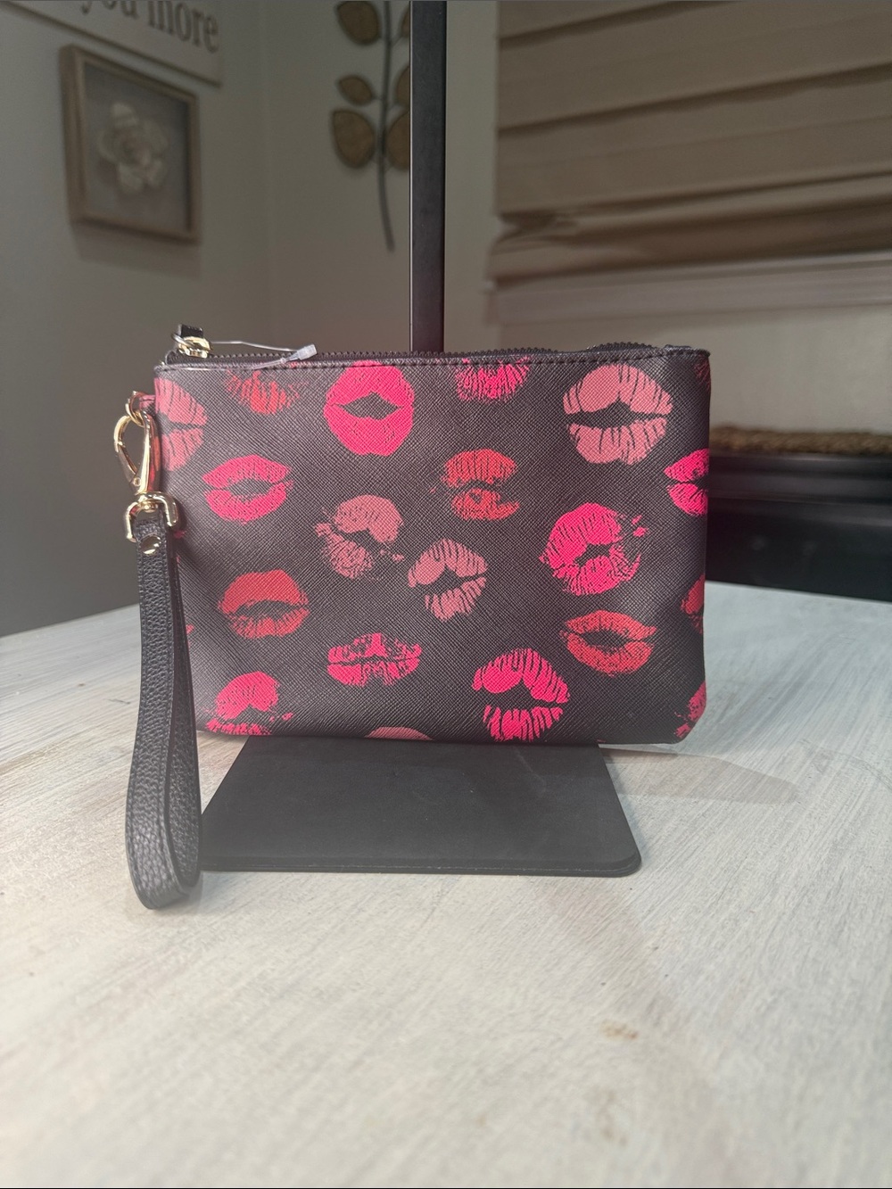 Black Wristlet with Pink Lip Print